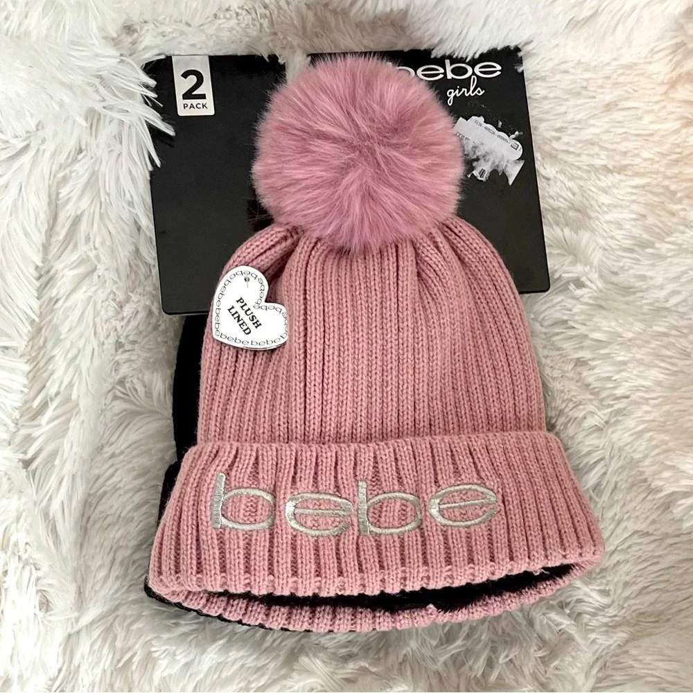 Bebe girls pom plush winter beanie hat pink black 2 pack